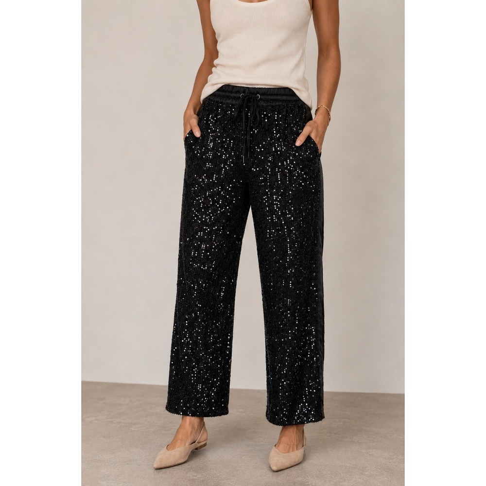 Parker Black Sequin Jogger Pants Satin Trim Drawstring Party NYE Formal Size 4